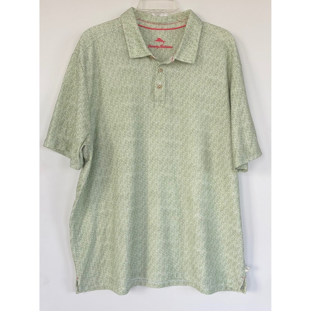Tommy Bahama Men Sage Green Geometric Maze Print Piqu Polo Shirt XL Resort/Beach